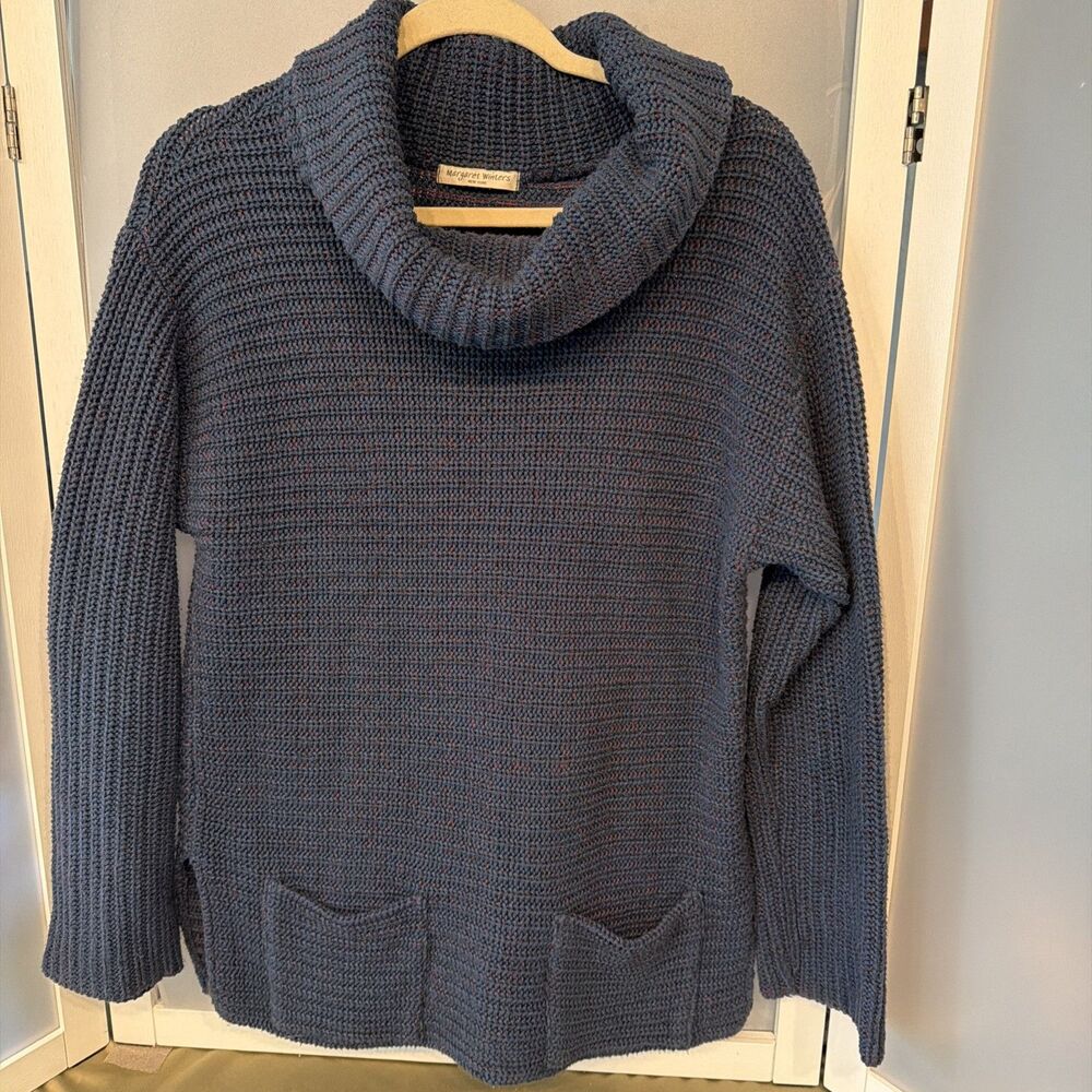 Margaret Winters Sweater Womens Small Blue Cowl Neck Pocket Heavy Ribbed Knit